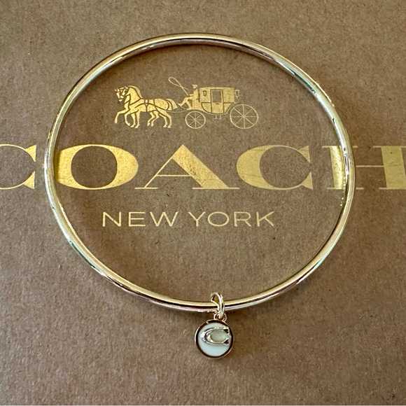 Coach Gold-tone Skinny Bangle Bracelet with White Enamel Signature C Charm - Picture 3 of 6